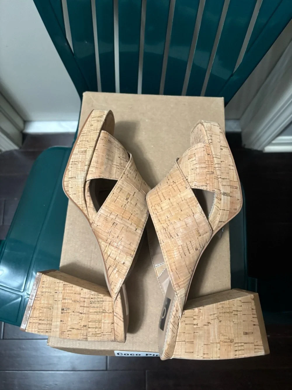 Dolce Vita Tan Cork Crossover Block Heel Slides. DV Dolce Vita womens Boscoe